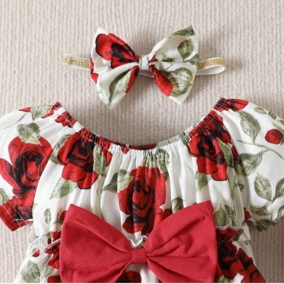 Baby Girls Romper Floral Ruffled Infant Bodysuit + Headband 2PC 3-6mo - Picture 2 of 4